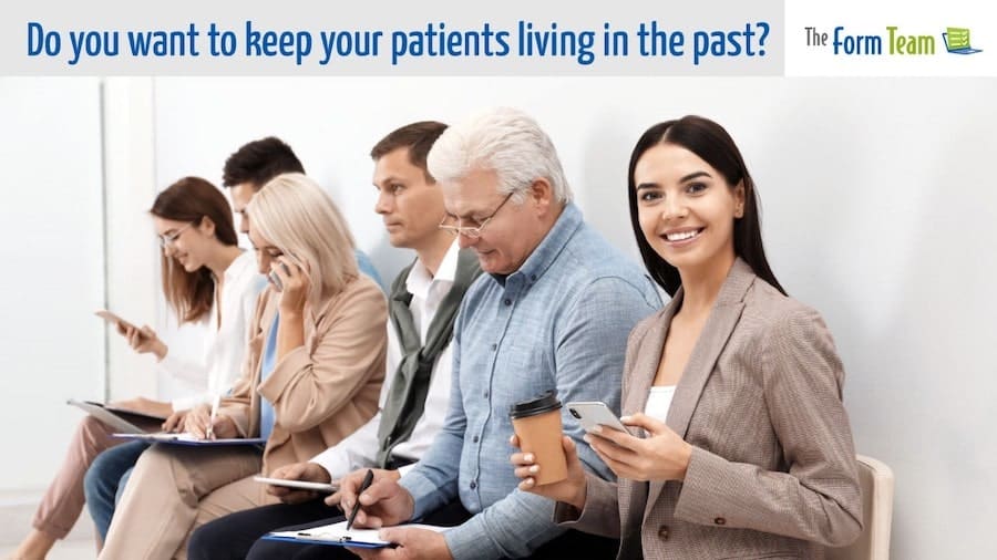 Smiling woman uses secure online patient form from The Form Team on phone